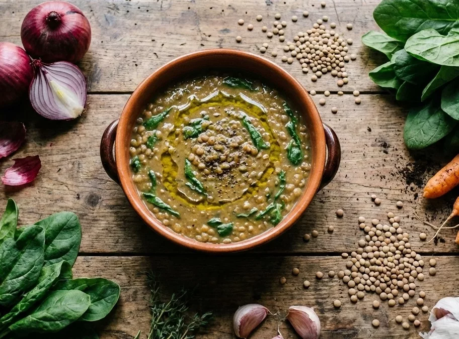 Zuppa di lenticchie con carote e spinaci